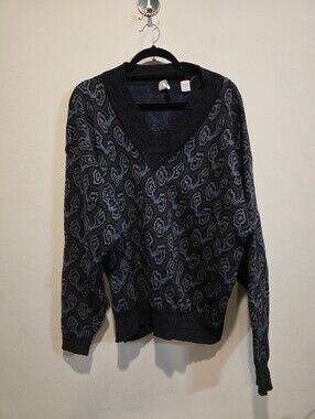 Vintage Valentino Uomo Men's XL 100% Wool Blue Patterned V-Neck Sweater